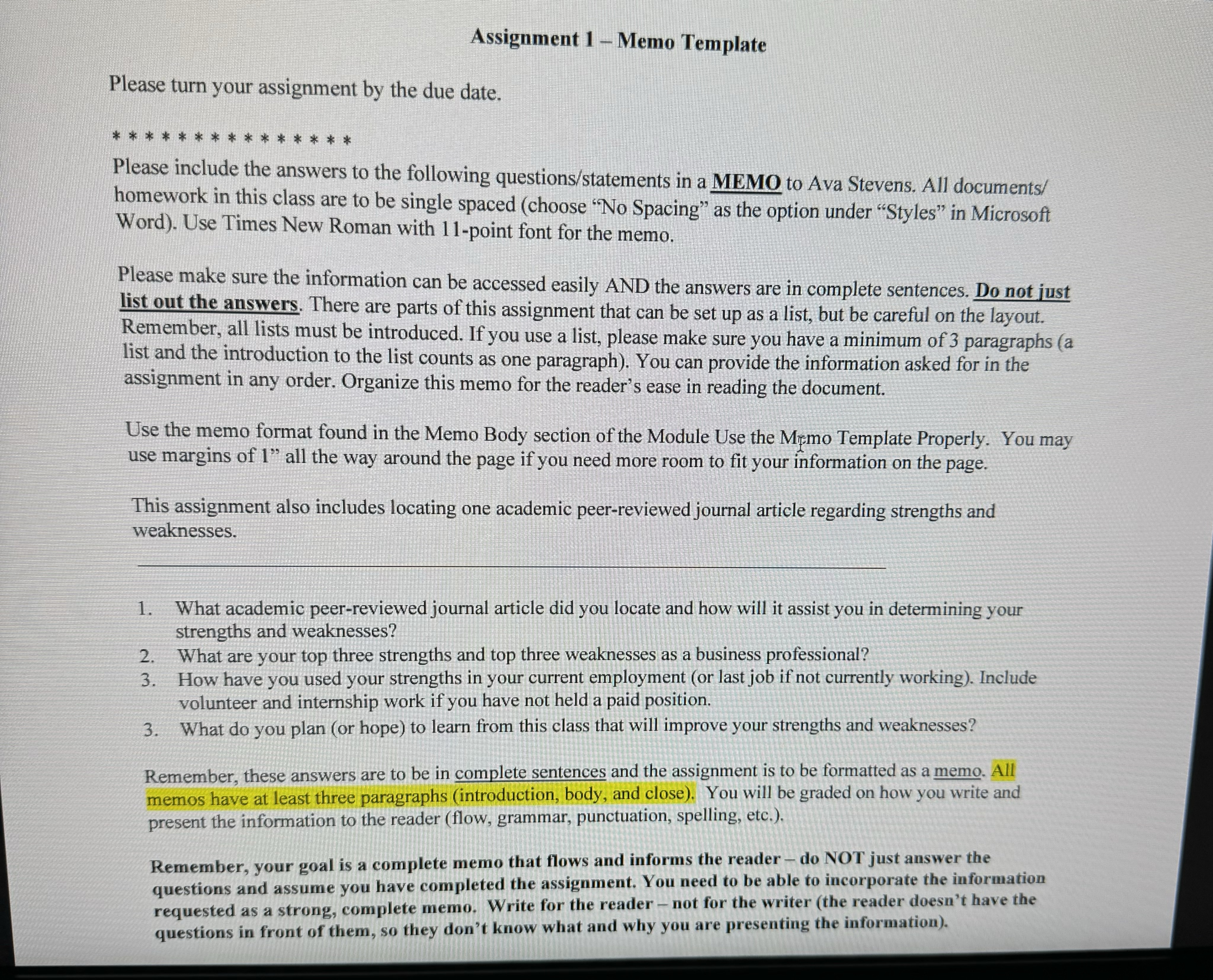 Assignment 1 - Memo Template Please turn your assignment by the due
