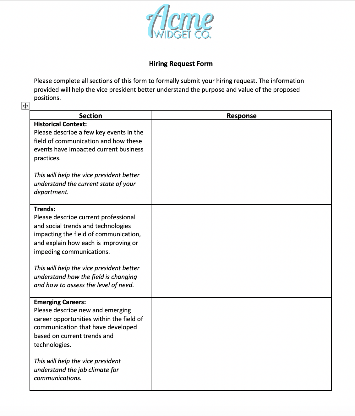 Acme WIDGET CO. Hiring Request Form Please complete all sections of this