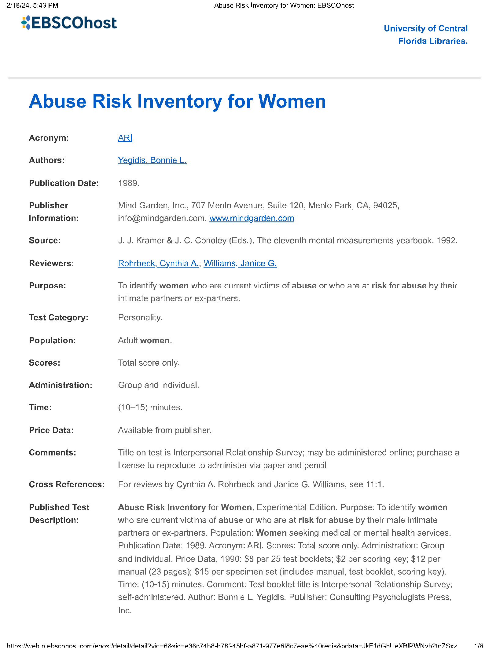 2/18/24, 5:43 PM Abuse Risk Inventory for Women: EBSCOhost **EBSCOhost University of