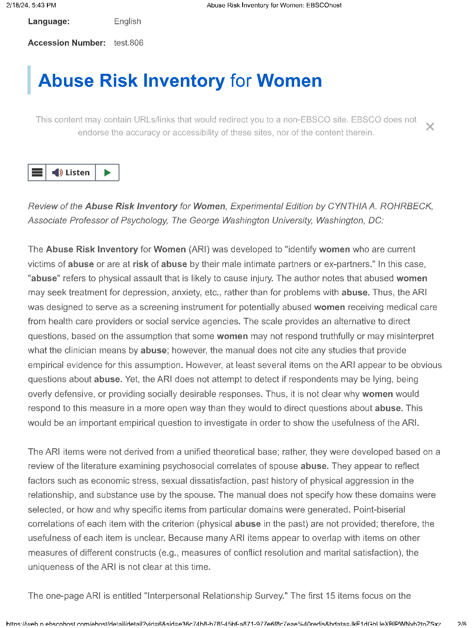 Central Florida Libraries. Abuse Risk Inventory for Women Authors: Acronym: ARI Yegidis,