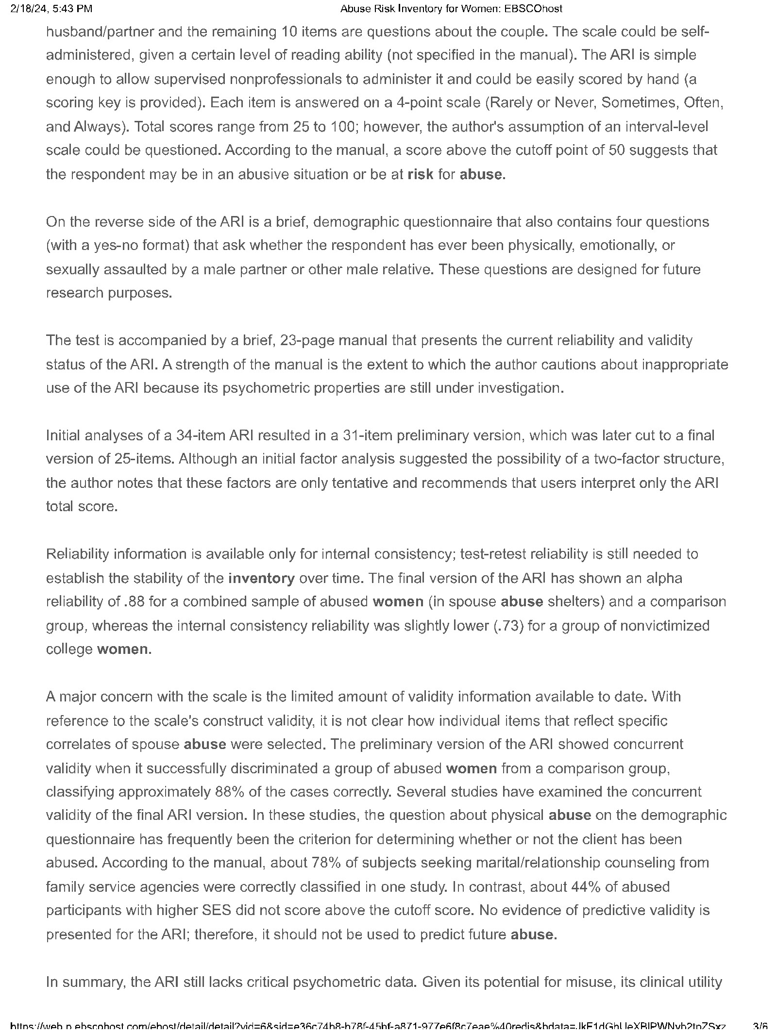 Bonnie L. 1989. Publication Date: Publisher Information: Source: Reviewers: Purpose: Test Category: