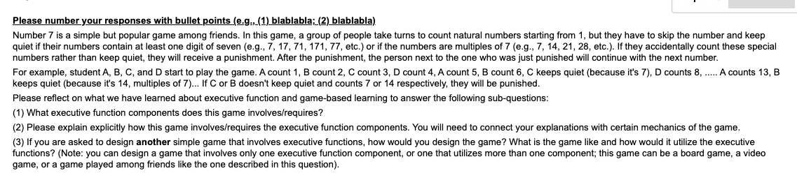 Please number your responses with bullet points (e.g., (1) blablabla; (2) blablabla).