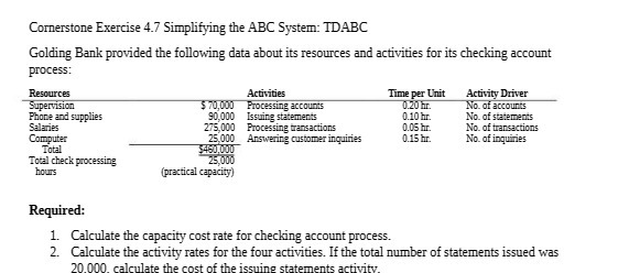 Cornerstone Exercise 4.7 Simplifying the ABC System: TDABC Golding Bank provided the