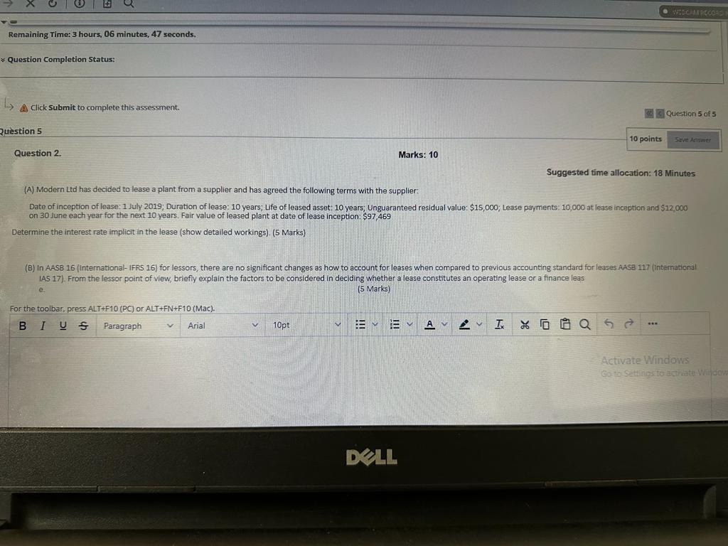 Remaining Time: 3 hours, 06 minutes, 47 seconds. Question Completion Status: A