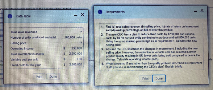 Data Table the pasteet dollar -X Total sales revenues 2 Number of