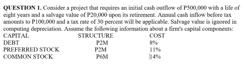 QUESTION 1. Consider a project that requires an initial cash outflow of