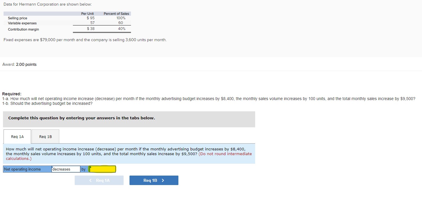 Data for Hermann Corporation are shown below: Selling price Variable expenses Contribution
