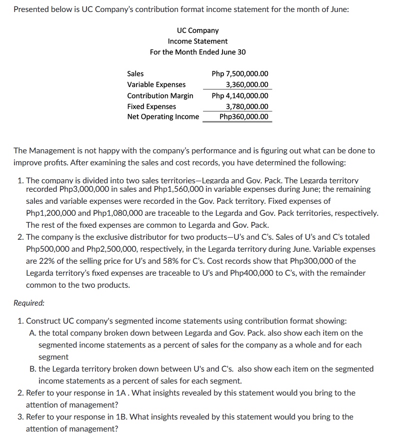 Presented below is UC Company's contribution format income statement for the month