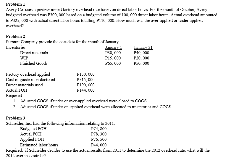 Problem 1 Avery Co. uses a predetermined factory overhead rate based on