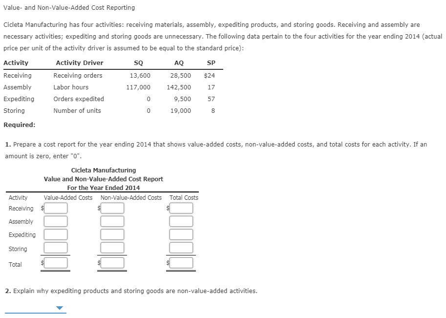 Value- and Non-Value-Added Cost Reporting Cicleta Manufacturing has four activities: receiving materials,