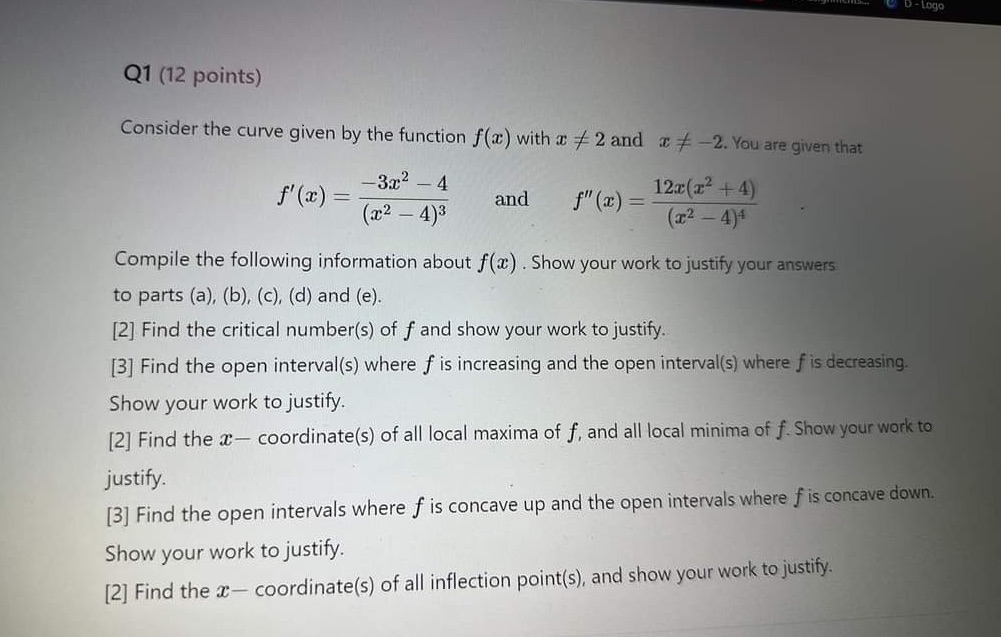 Q1 (12 points) Consider the curve given by the function f(a) with