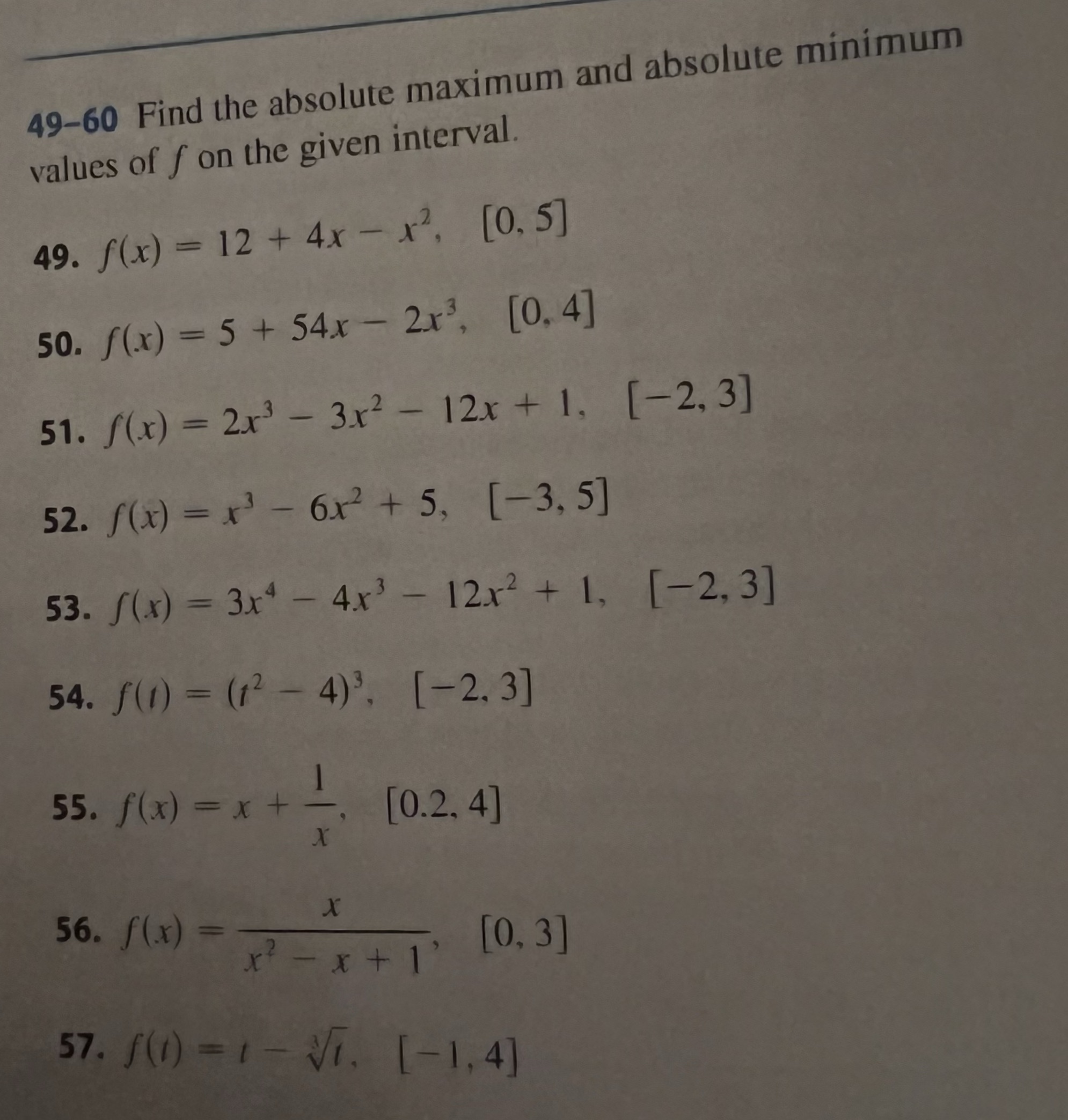 49-60 Find the absolute maximum and absolute minimum values of f on