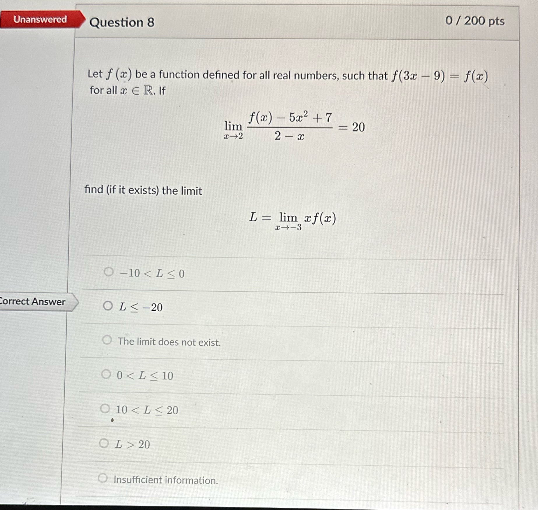 Unanswered Question 8 Correct Answer 0/200 pts Let f (x) be a