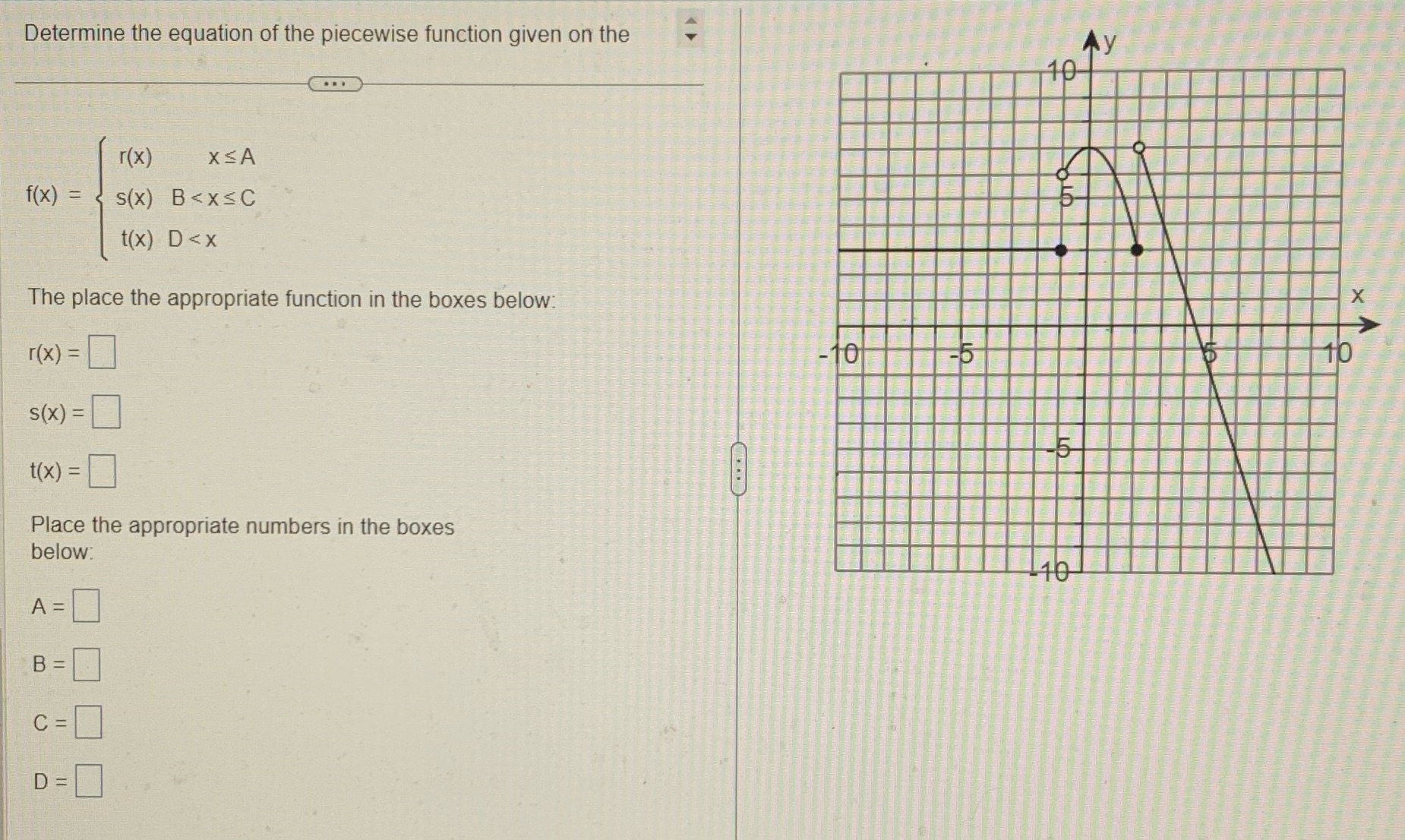 Determine the equation of the piecewise function given on the f(x) r(x)