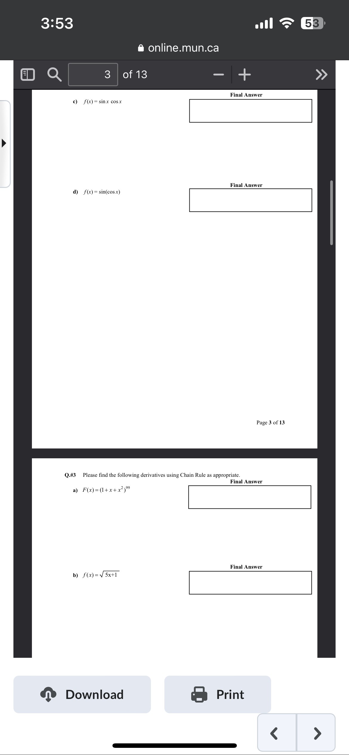Final Answer c) f"(x) Simple Chain Rules Q.# 2 Please find the
