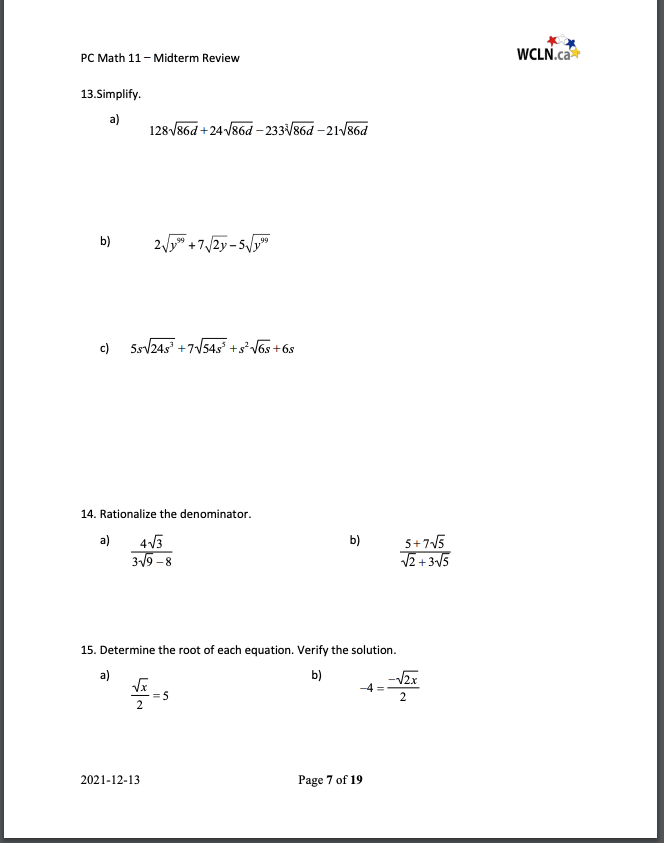 PC Math 11 - Midterm Review 13.Simplify. a) 12886d+2486d-233/86d-21/86d b) 21.99 +72-5199