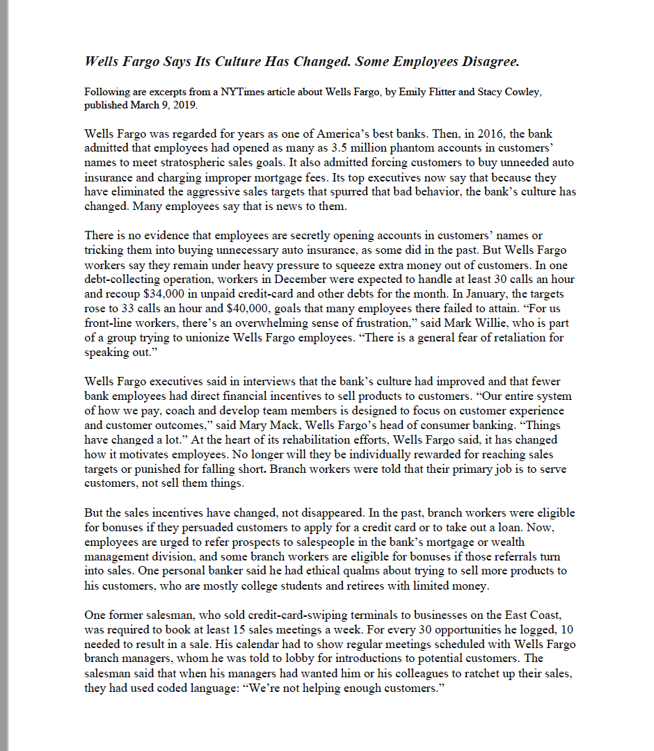 Wells Fargo Says Its Culture Has Changed. Some Employees Disagree. Following are