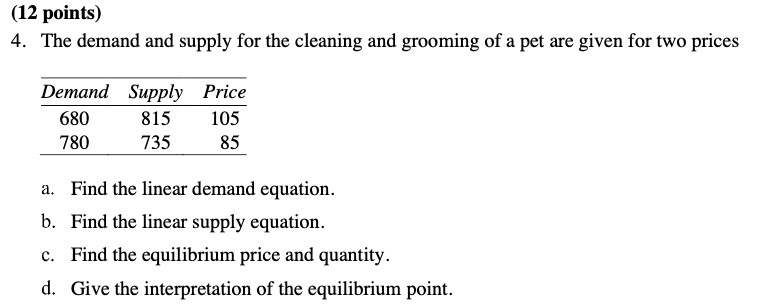 (12 points) 4. The demand and supply for the cleaning and grooming