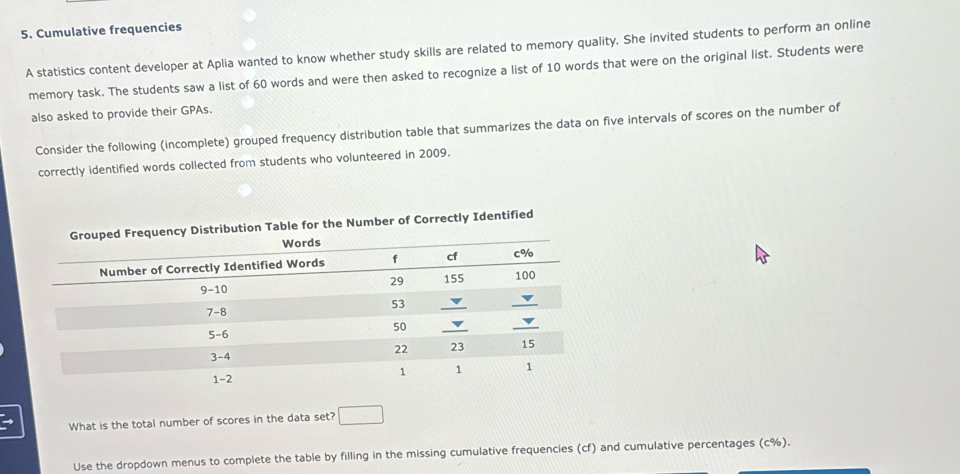 5. Cumulative frequencies A statistics content developer at Aplia wanted to know