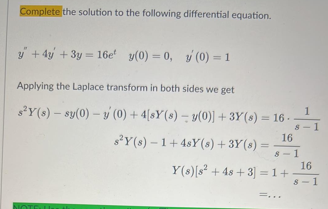 Complete the solution to the following differential equation. y" + 4y +