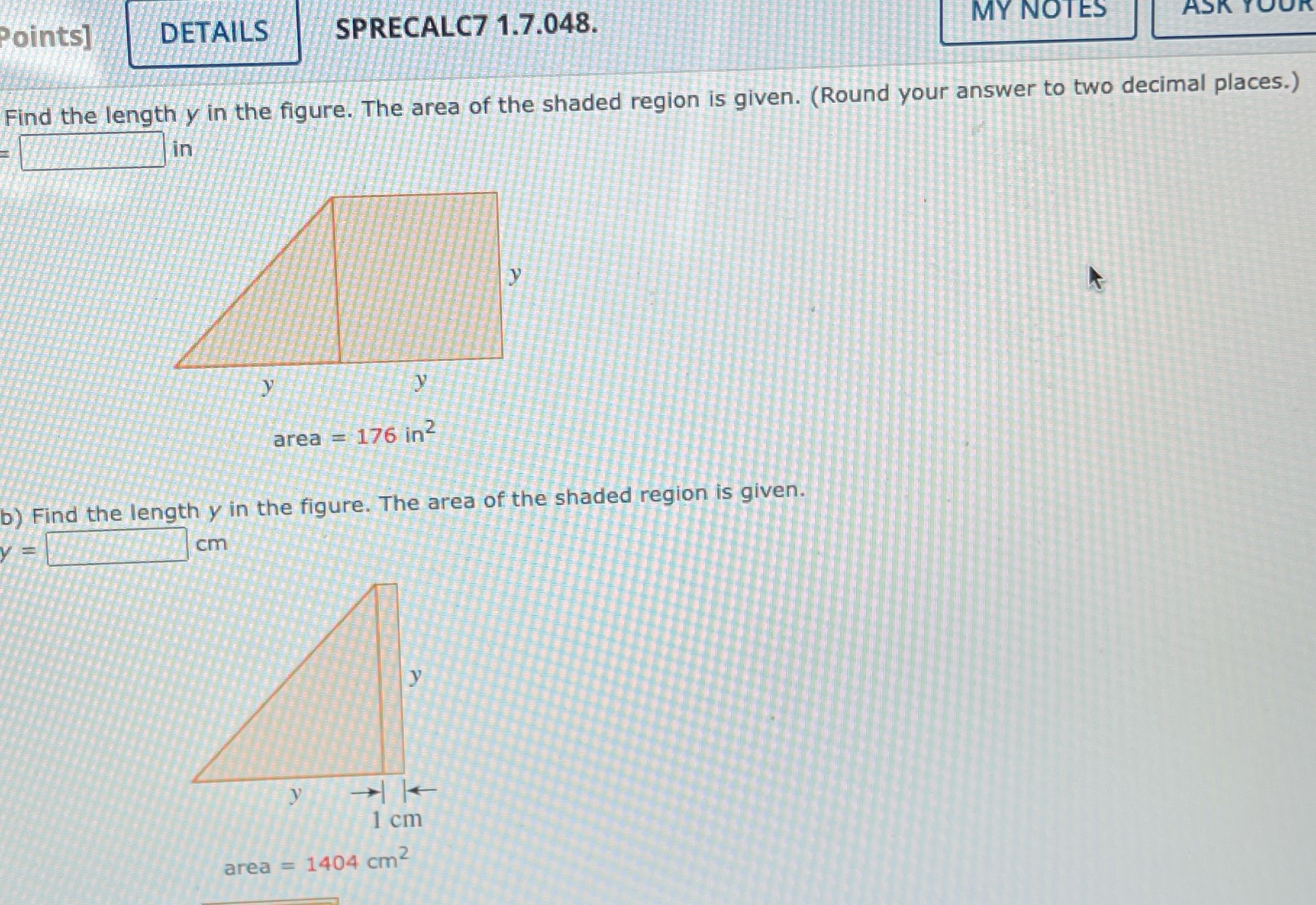 Points] DETAILS SPRECALC7 1.7.048. MY NOTES Find the length y in the