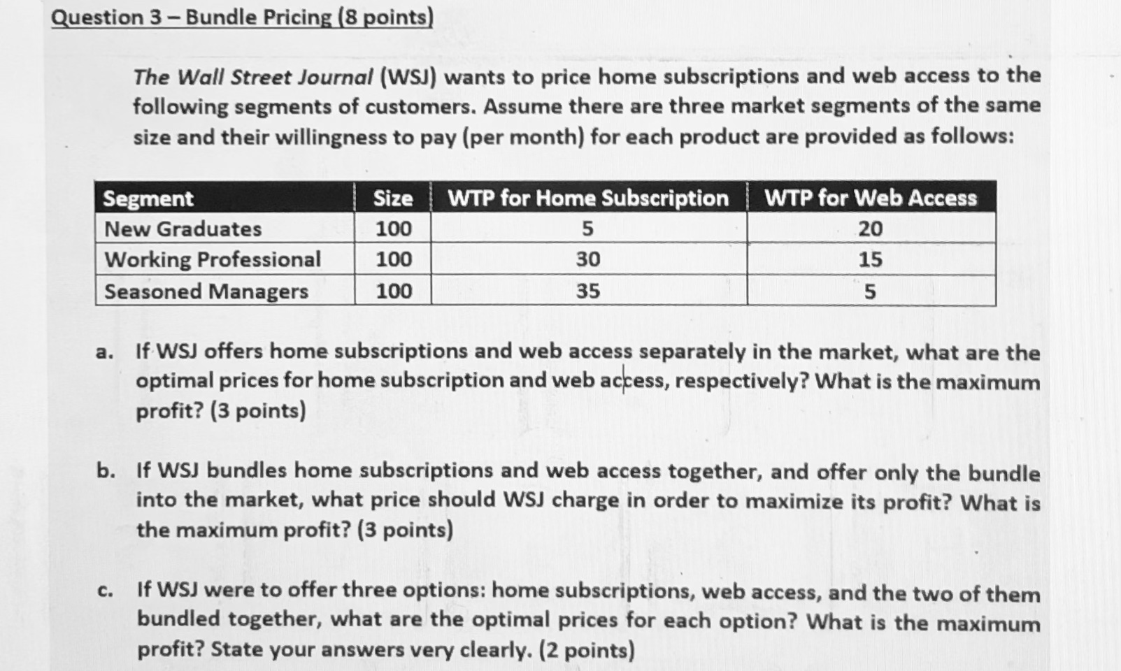 Question 3 - Bundle Pricing (8 points) The Wall Street Journal (WSJ)