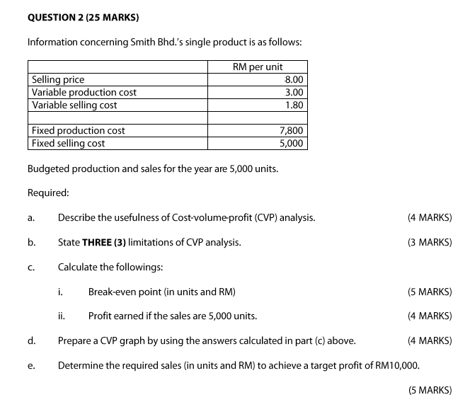 QUESTION 2 (25 MARKS) Information concerning Smith Bhd.'s single product is as