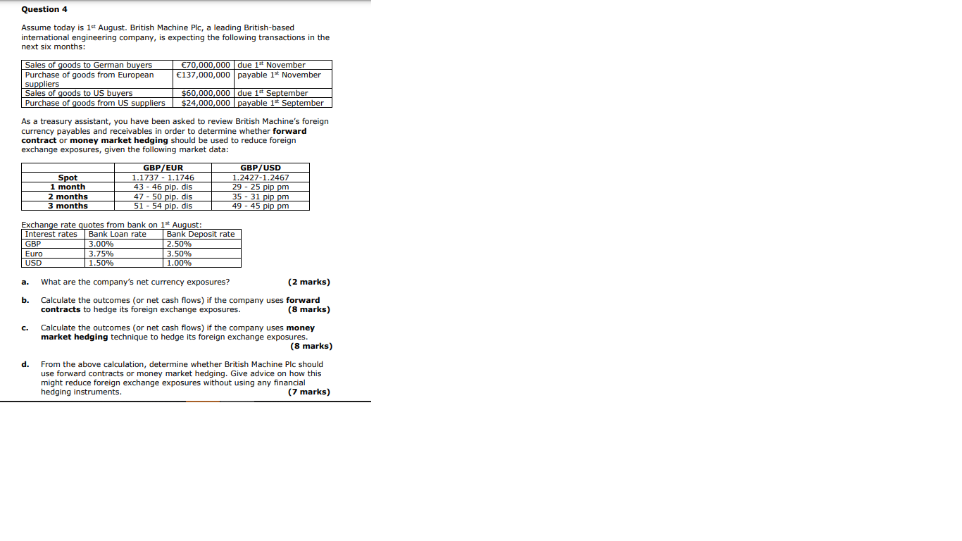 Question 4 Assume today is 1st August. British Machine Plc, a leading