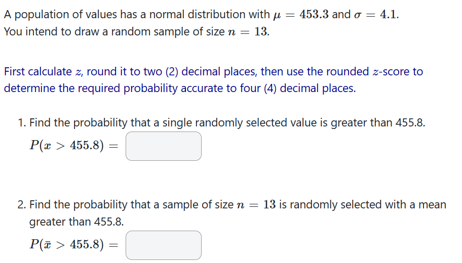 A population of values has a normal distribution with = 453.3 and