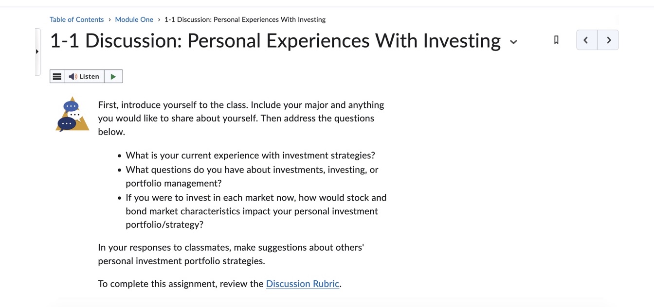  Table of Contents Module One 1-1 Discussion: Personal Experiences With Investing