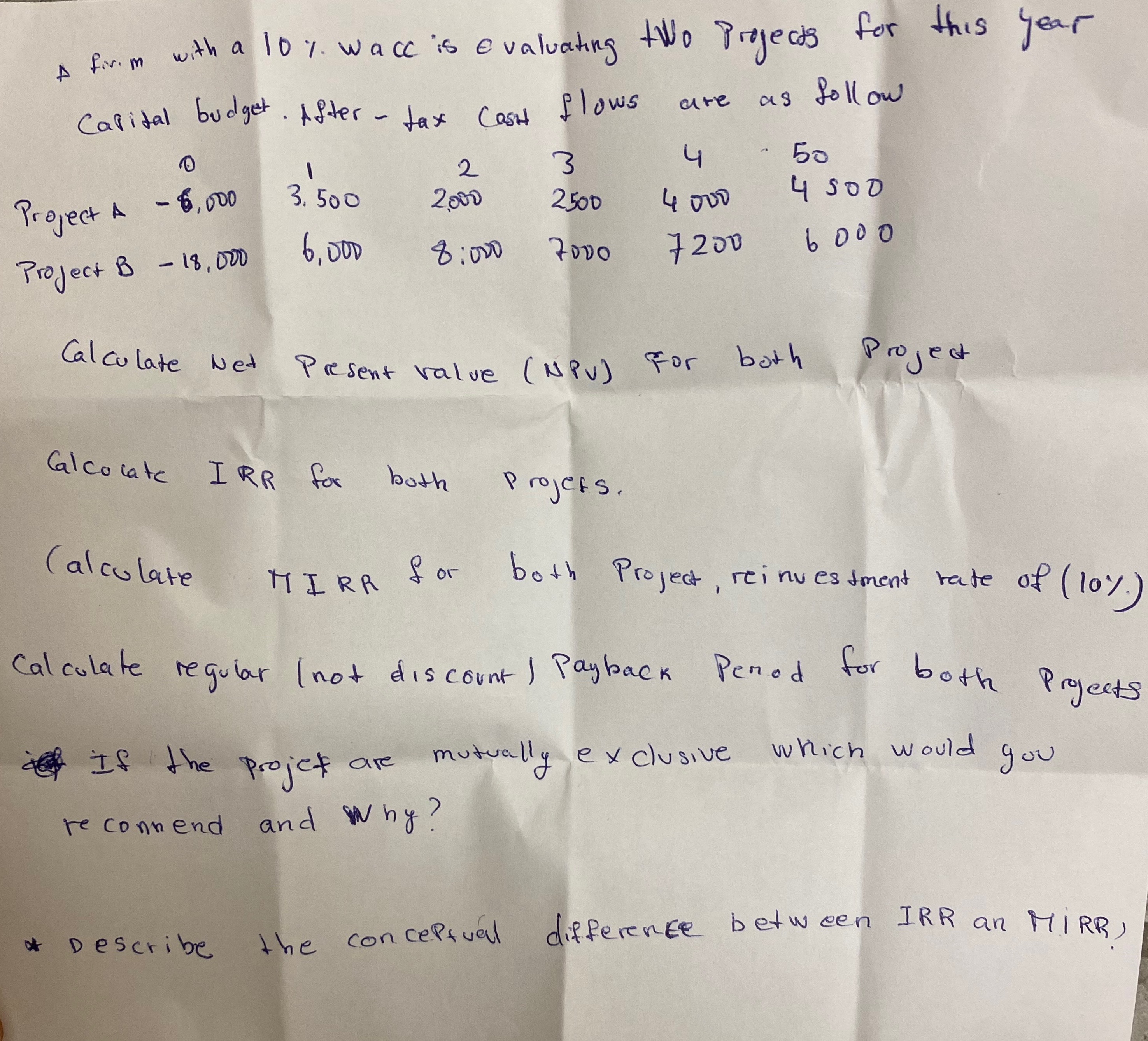 A firm with a 10% wace is evaluating two projects for