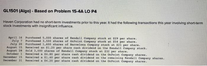 GL1501 (Algo) - Based on Problem 15-4A LO P4 Haven Corporation