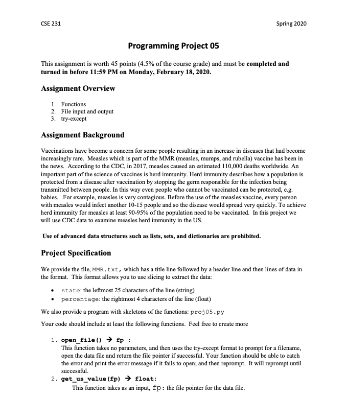  CSE 231 Spring 2020 Programming Project 05 This assignment is worth