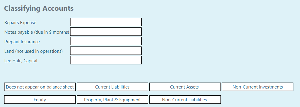 Classifying Accounts Repairs Expense Notes payable (due in 9 months) Prepaid