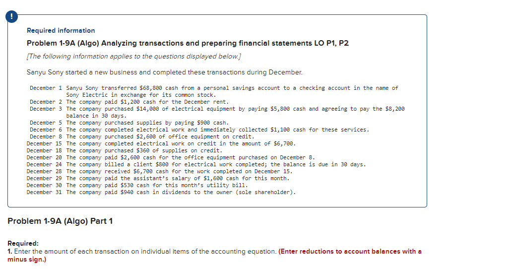  Required intormation Problem 1-9A (Algo) Analyzing transactions and preparing financial statements