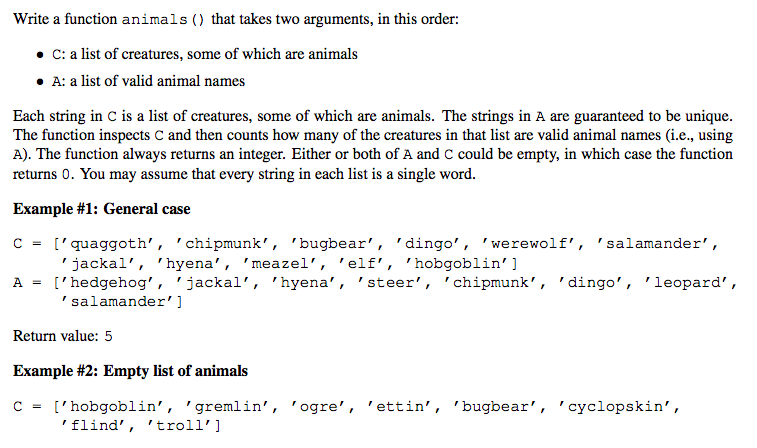  Code in python please and thank you! Write a function animals