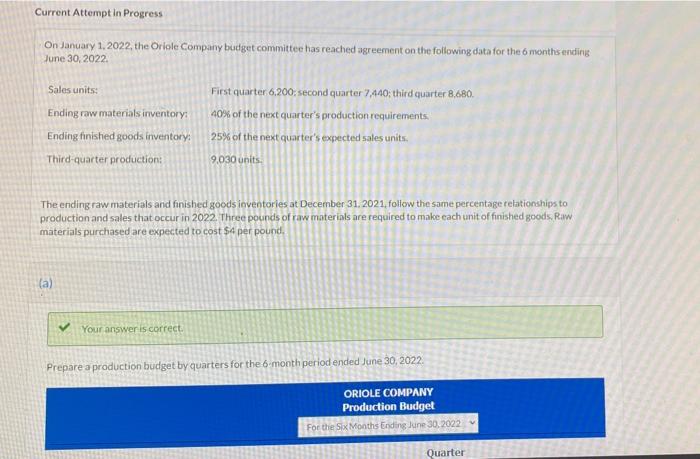 help Current Attempt in Progress On January 1, 2022, the Oriole Company