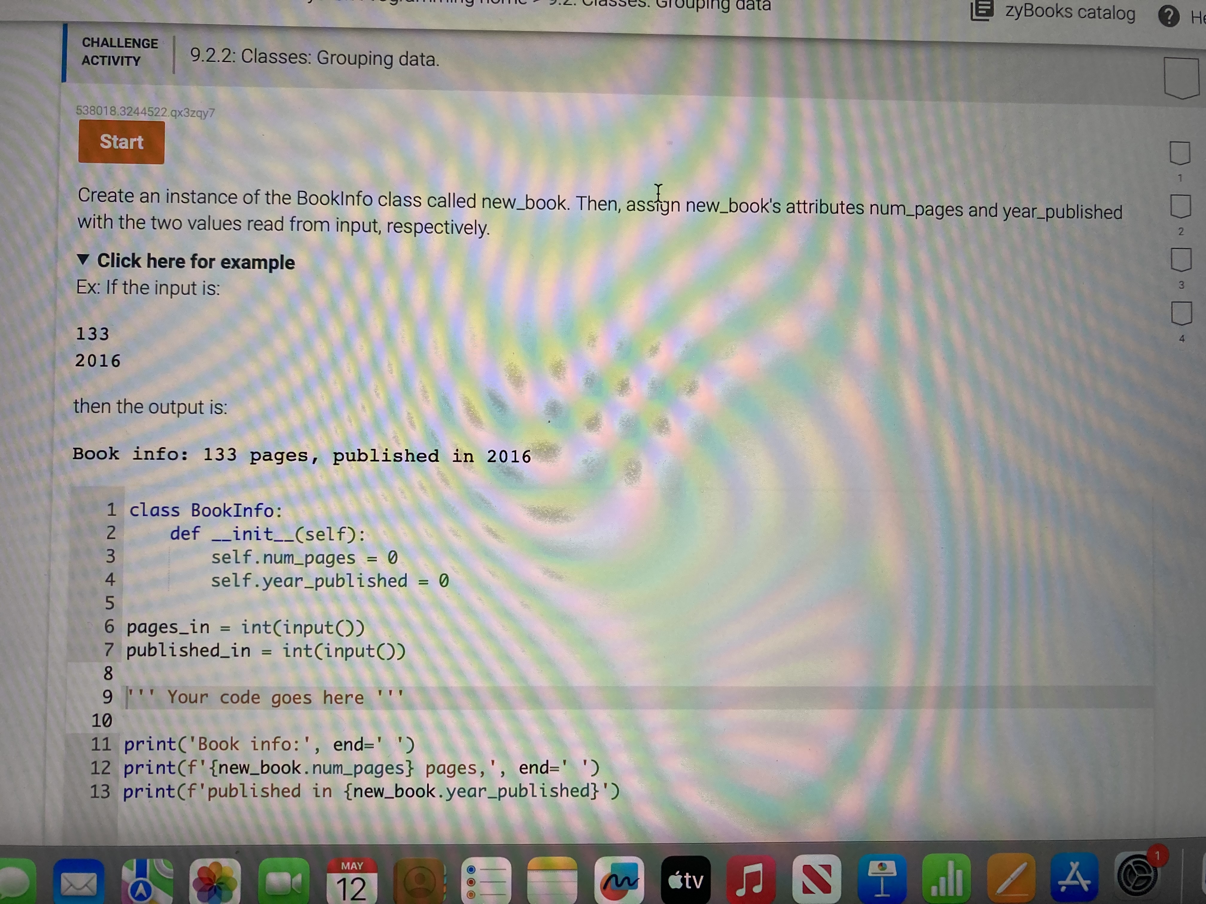  (Python problem)9.2.2 Classes: Grouping data Create an instance of the BookInfo