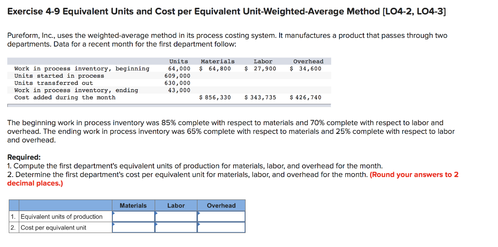  Exercise 4-9 Equivalent Units and Cost per Equivalent Unit-Weighted-Average Method [LO4-2,