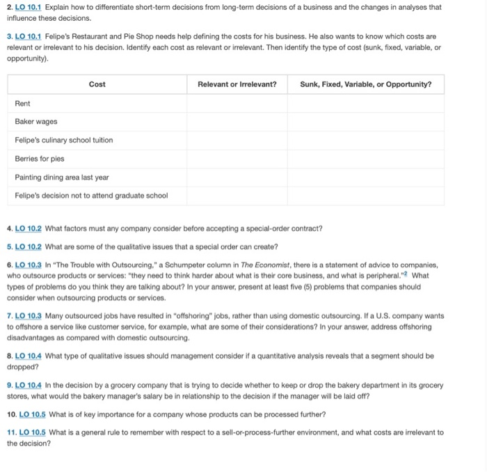  2. LO 10.1 Explain how to differentiate short-term decisions from long-term