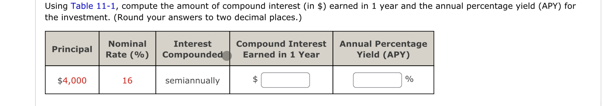  Using Table 11-1, compute the amount of compound interest (in $