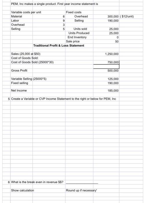  PEM, Inc makes a single product. First year income statement is