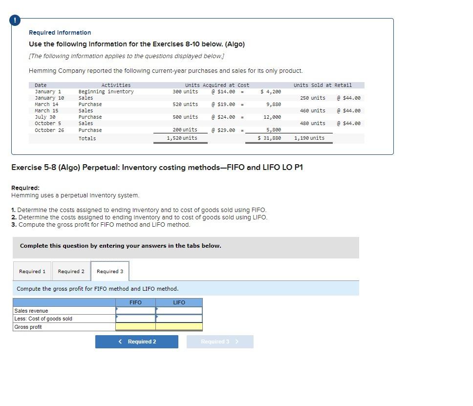 below. (Algo) [The following Information applies to the questions displayed below.] Hemming