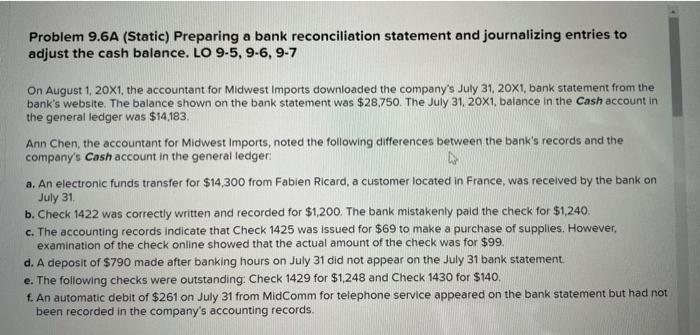  Problem 9.6A (Static) Preparing a bank reconciliation statement and journalizing entries