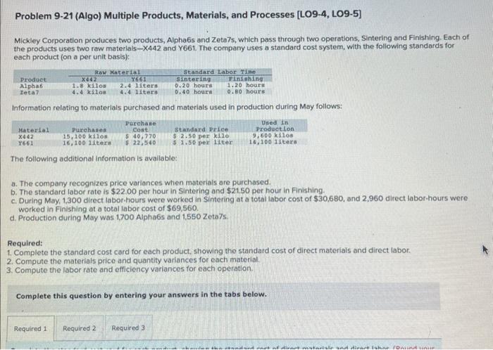  Problem 9-21 (Algo) Multiple Products, Materials, and Processes [LO9-4, LO9-5] Mickley