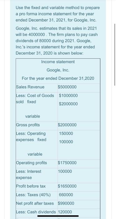  Use the fixed and variable method to prepare a pro forma