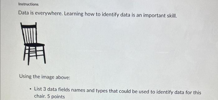 Please list 3 data fields names and 3 data types. Data is