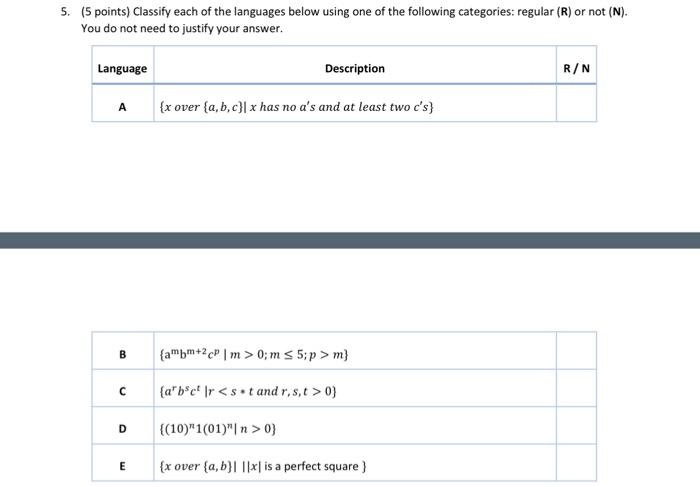 (5 points) Classify each of the languages below using one of