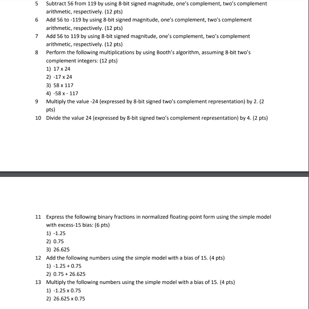 *** Computer Architecture Homework : (must show your work) **** 5 Subtract