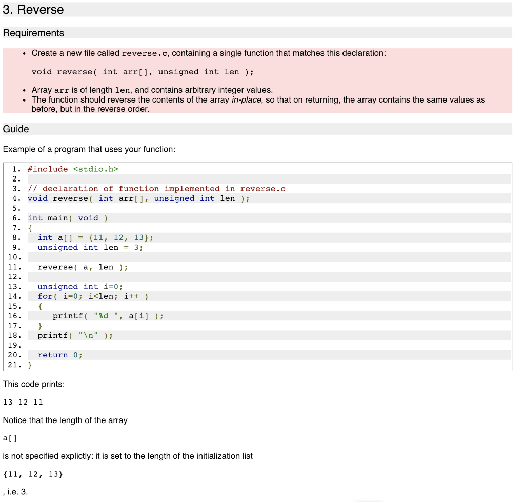 Ques) write code in c. which meets the following requirements. 3. Reverse
